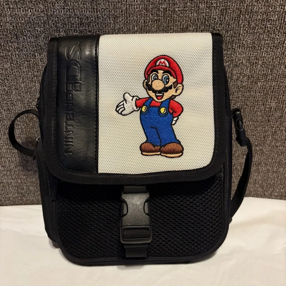 Nintendo DS Mario Carrying Case Bag Black Strap Pockets Buckle Zippered